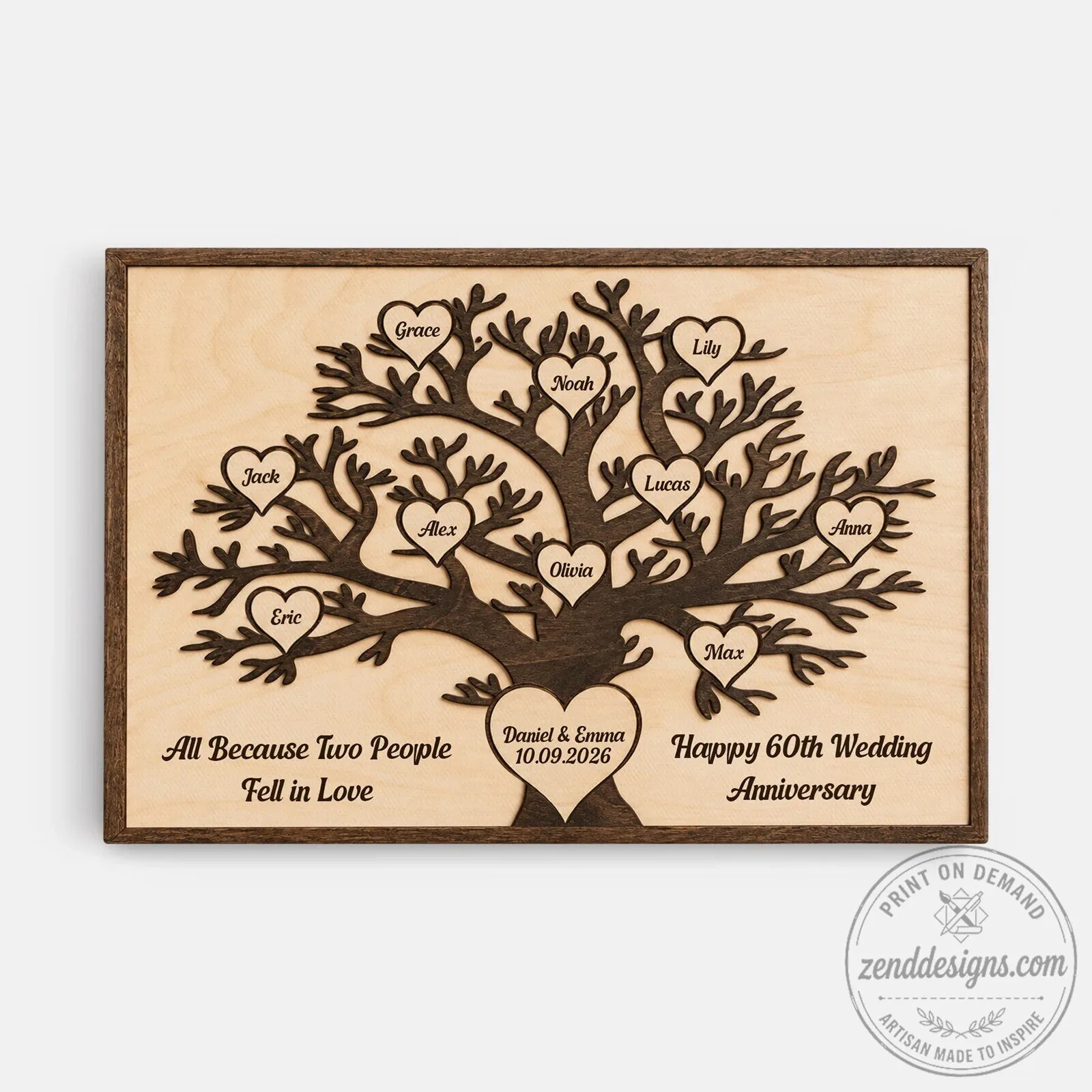 Personalized Family Tree Wooden Plaque with Names - Anniversary Gift for Couples