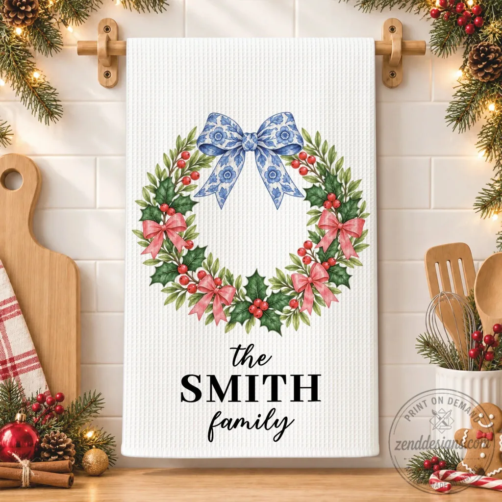 Personalized Christmas Wreath and Bow Holiday Kitchen Hand Towel Personalized Christmas Wreath and Bow Holiday Kitchen Hand Towel