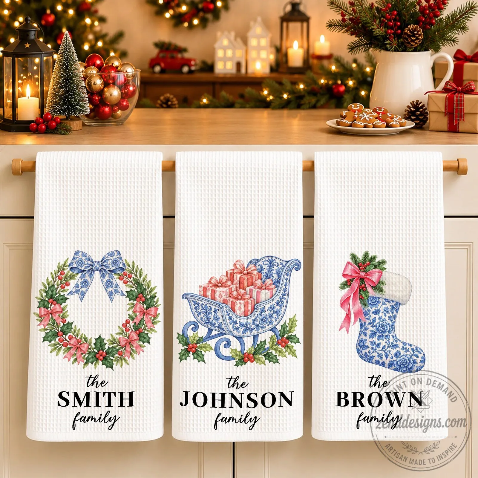 Personalized Christmas Wreath and Bow Holiday Kitchen Hand Towel 8 Personalized Christmas Wreath and Bow Holiday Kitchen Hand Towel