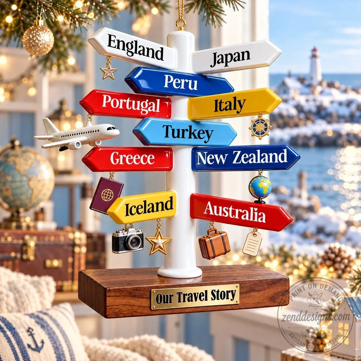 Personalized Travel Destination Signpost Christmas Tree Ornament