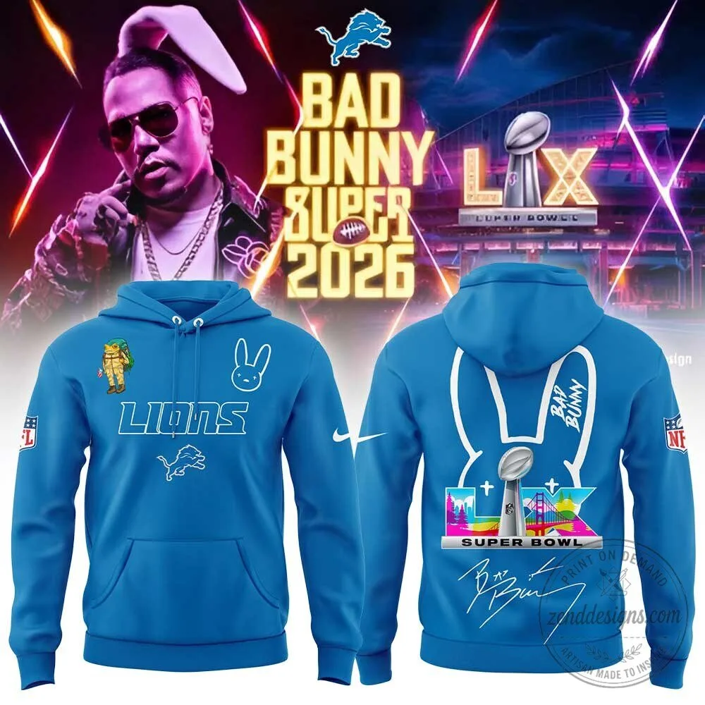 Detroit Lions and Bad Bunny Super Bowl LIX 2026 Blue Hoodie