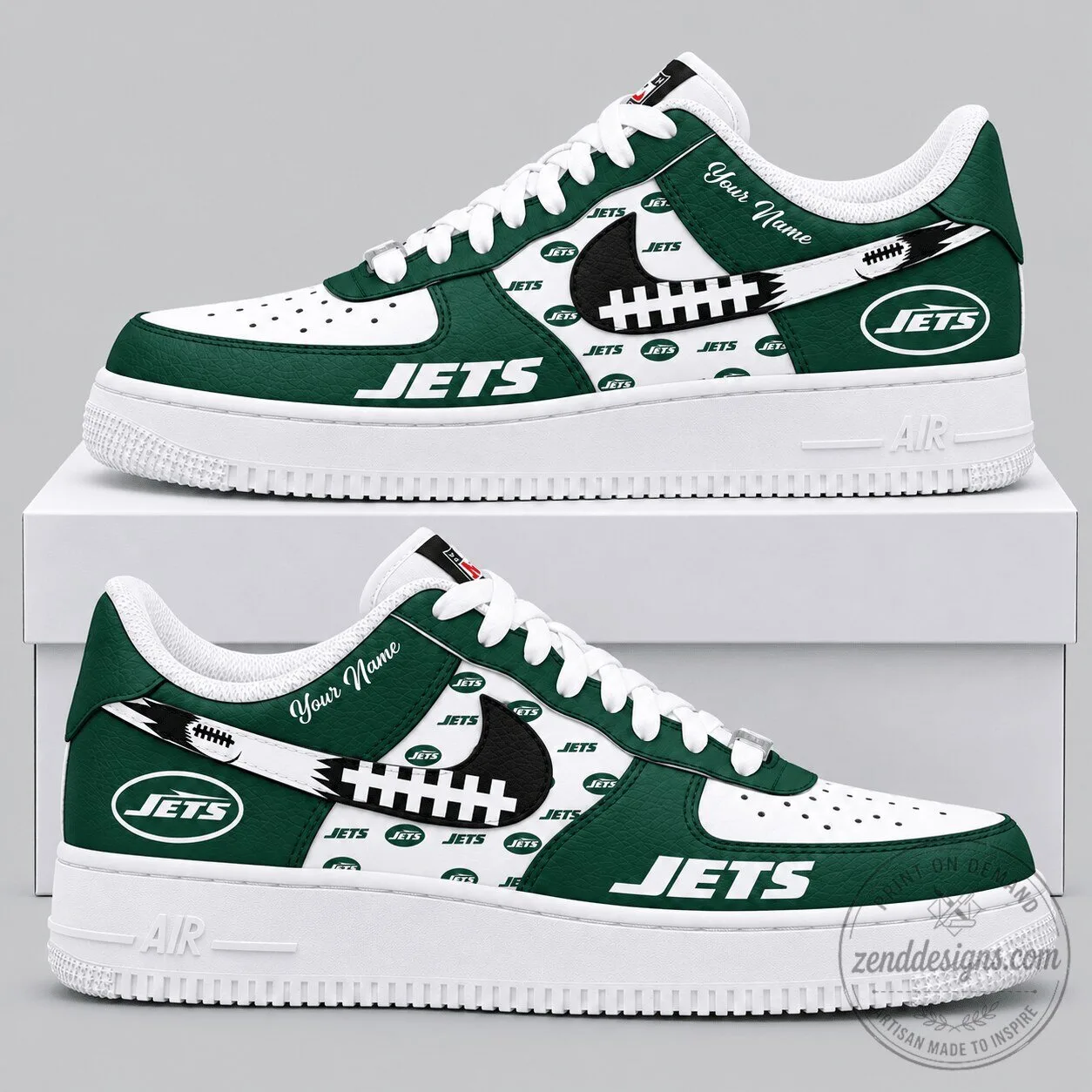 White and Green Sneakers featuring a Personalized New York Jets Football Team Logo