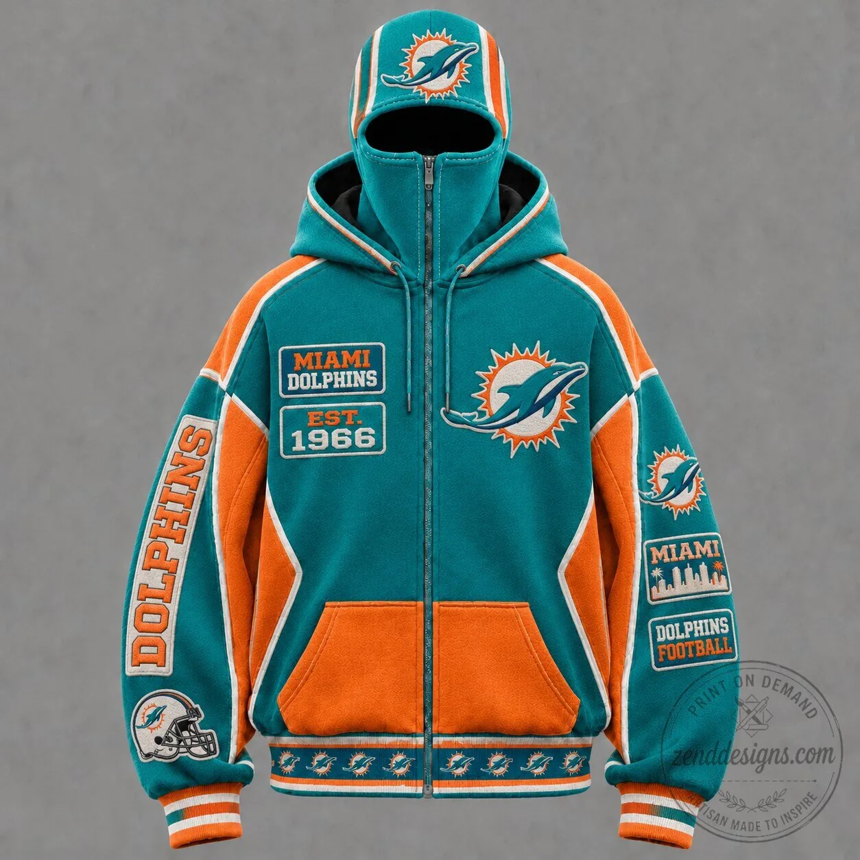 Miami Dolphins Teal Orange Colorblock Full-Zip Balaclava Hoodie