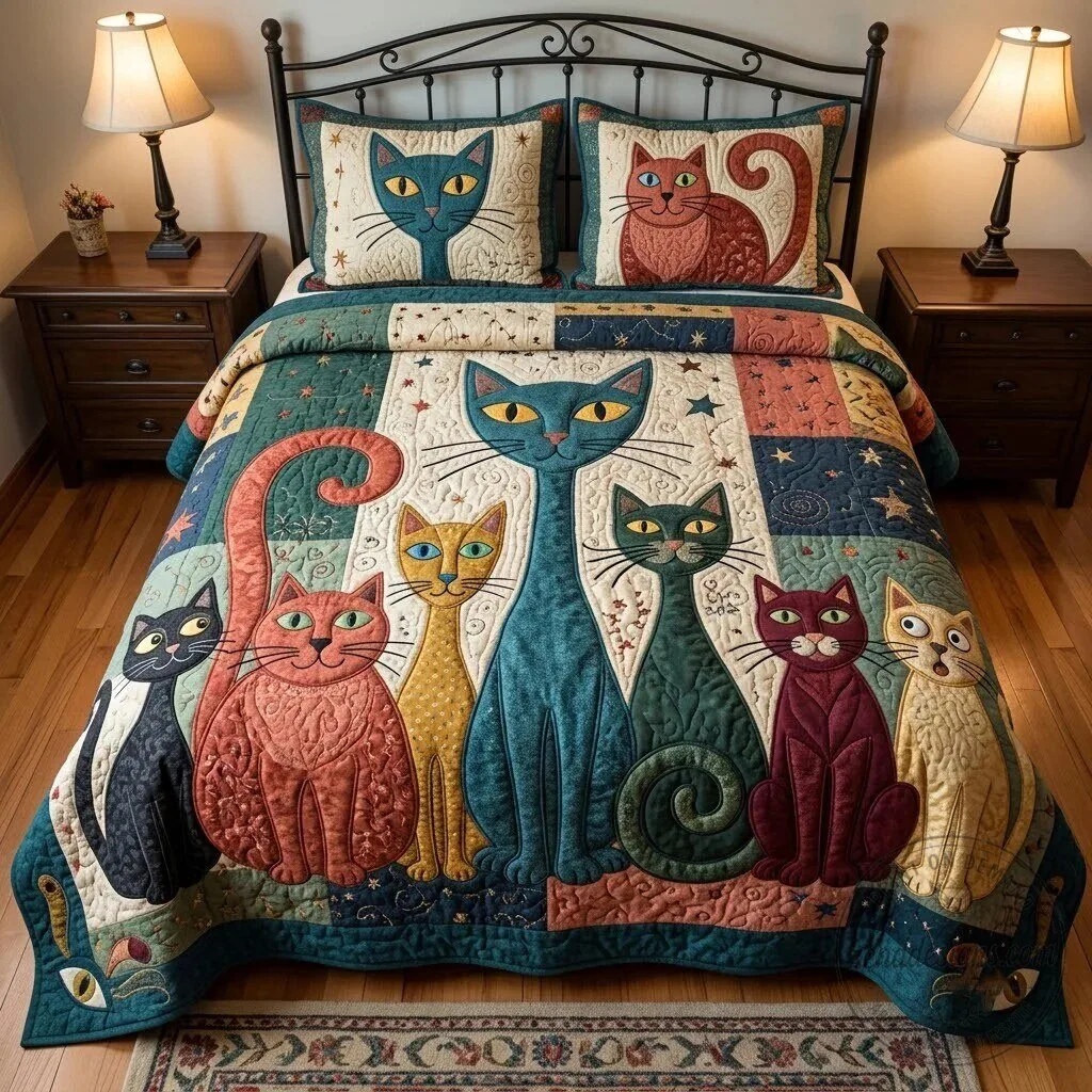 Colorful Wild Eyed Cat Gathering Quilted Bedding Set with Pillow Shams