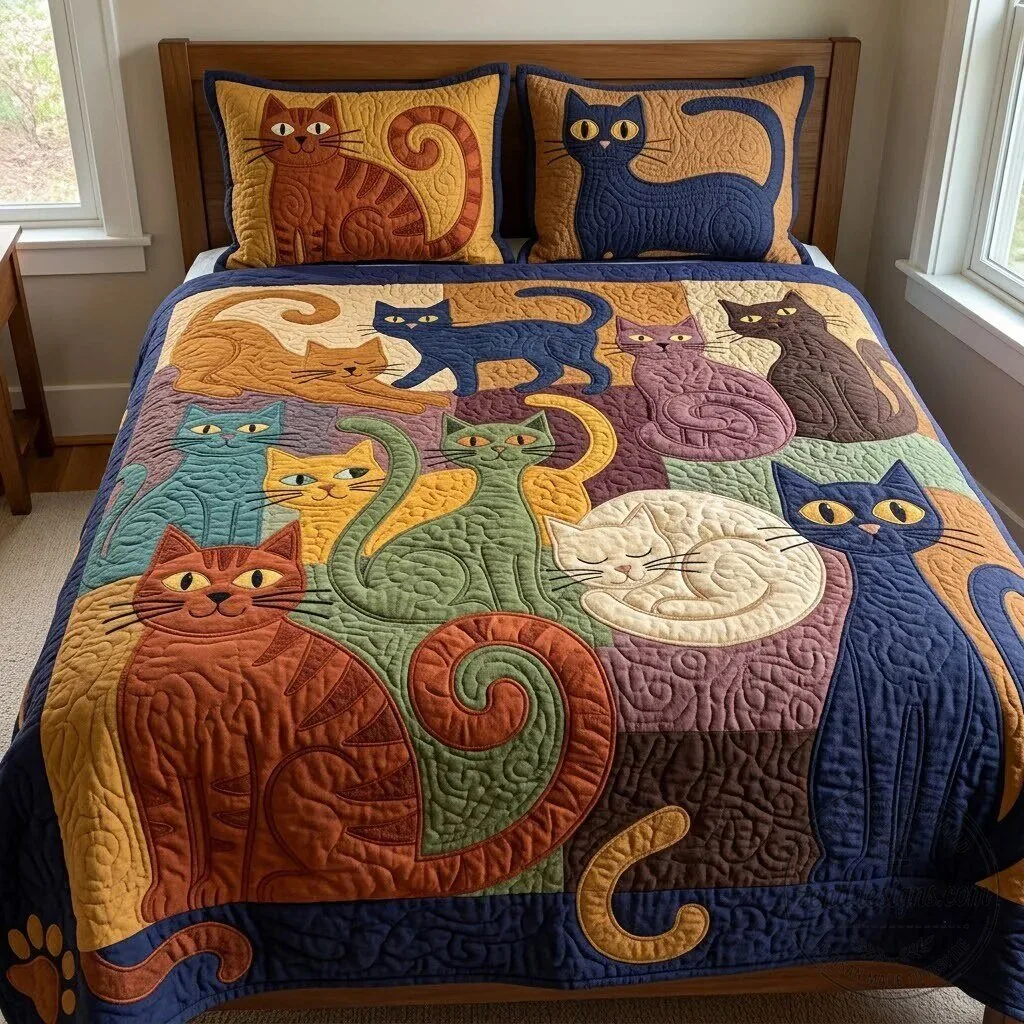 Giant Folk Art Cats Quilted Bedding Set with Two Pillow Shams