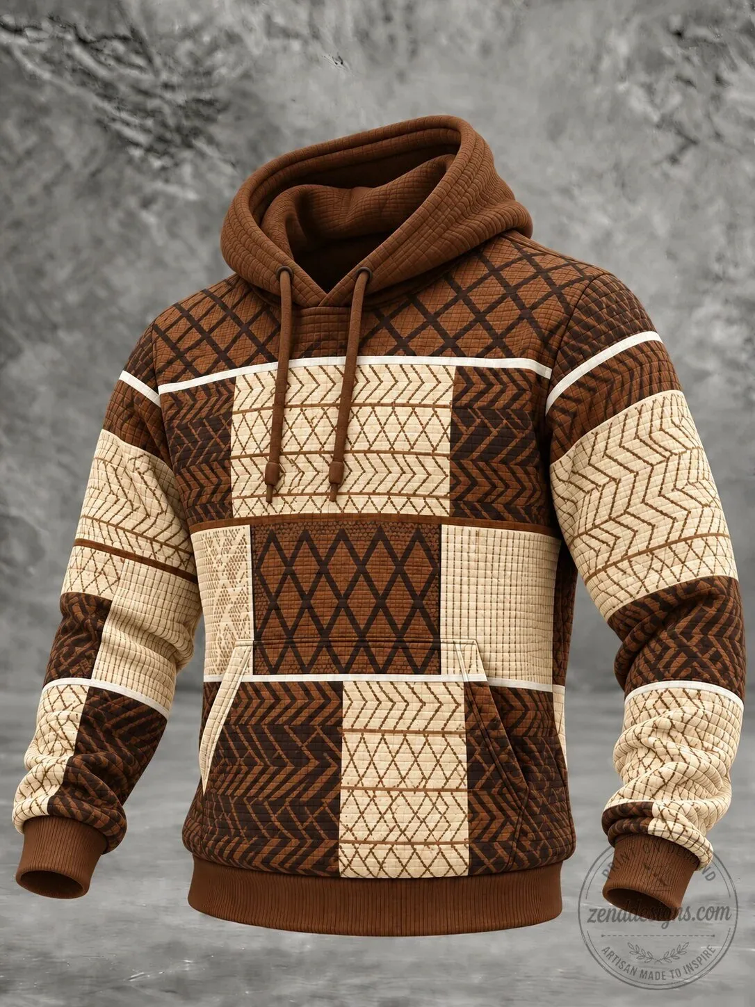 Men's Western Checkered Pattern Brown and Beige Pullover Hoodie