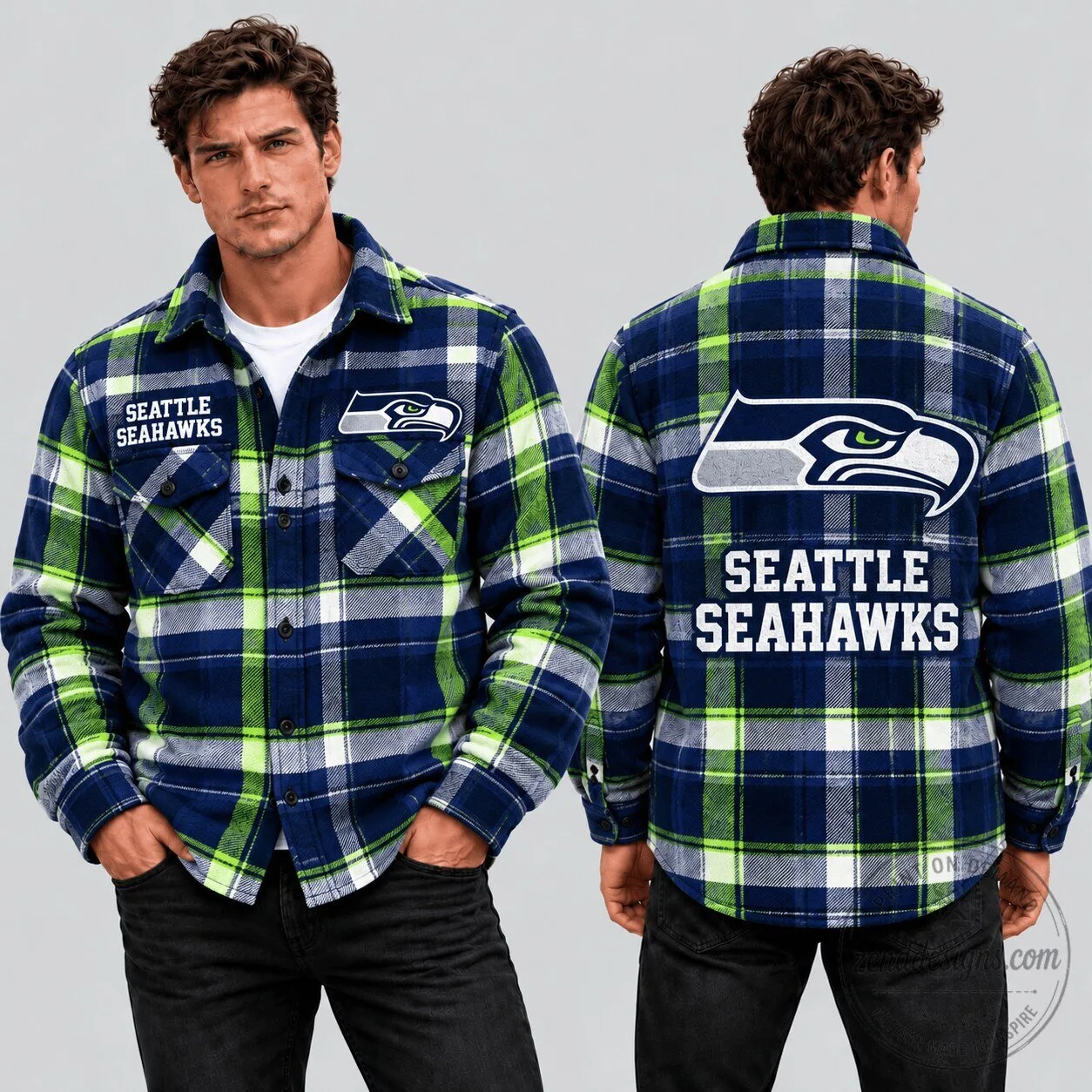 Seattle Seahawks NFL Football Team Logo Plaid Flannel Button-Up Jacket