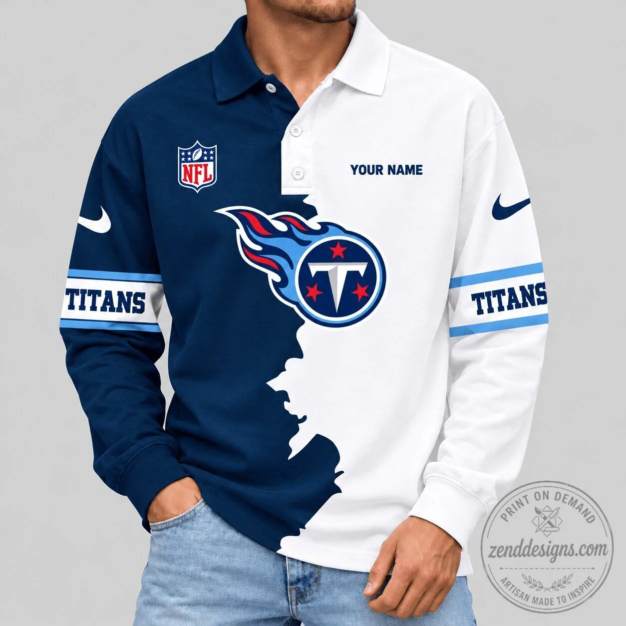 Tennessee Titans NFL Split Panel Long Sleeve Polo Shirt