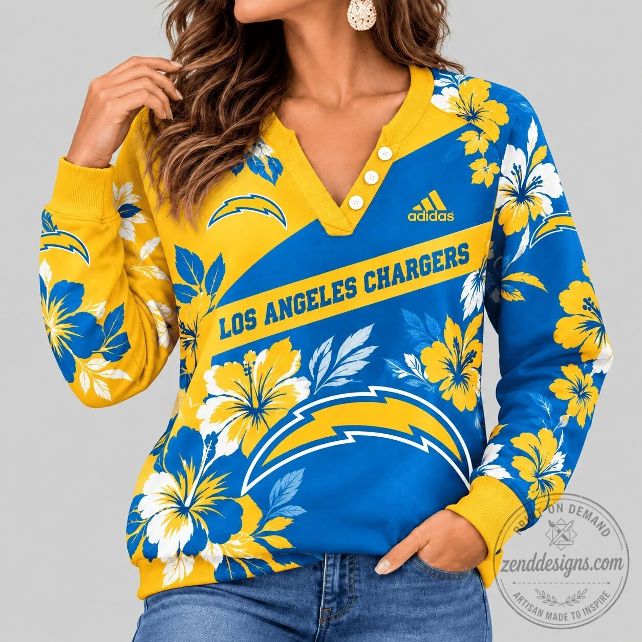 Los Angeles Chargers Tropical Floral Henley V-Neck Long Sleeve Sweatshirt