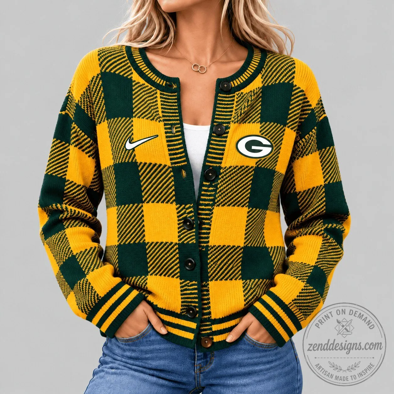 Green Bay Packers Buffalo Check Knit Cardigan Sweater