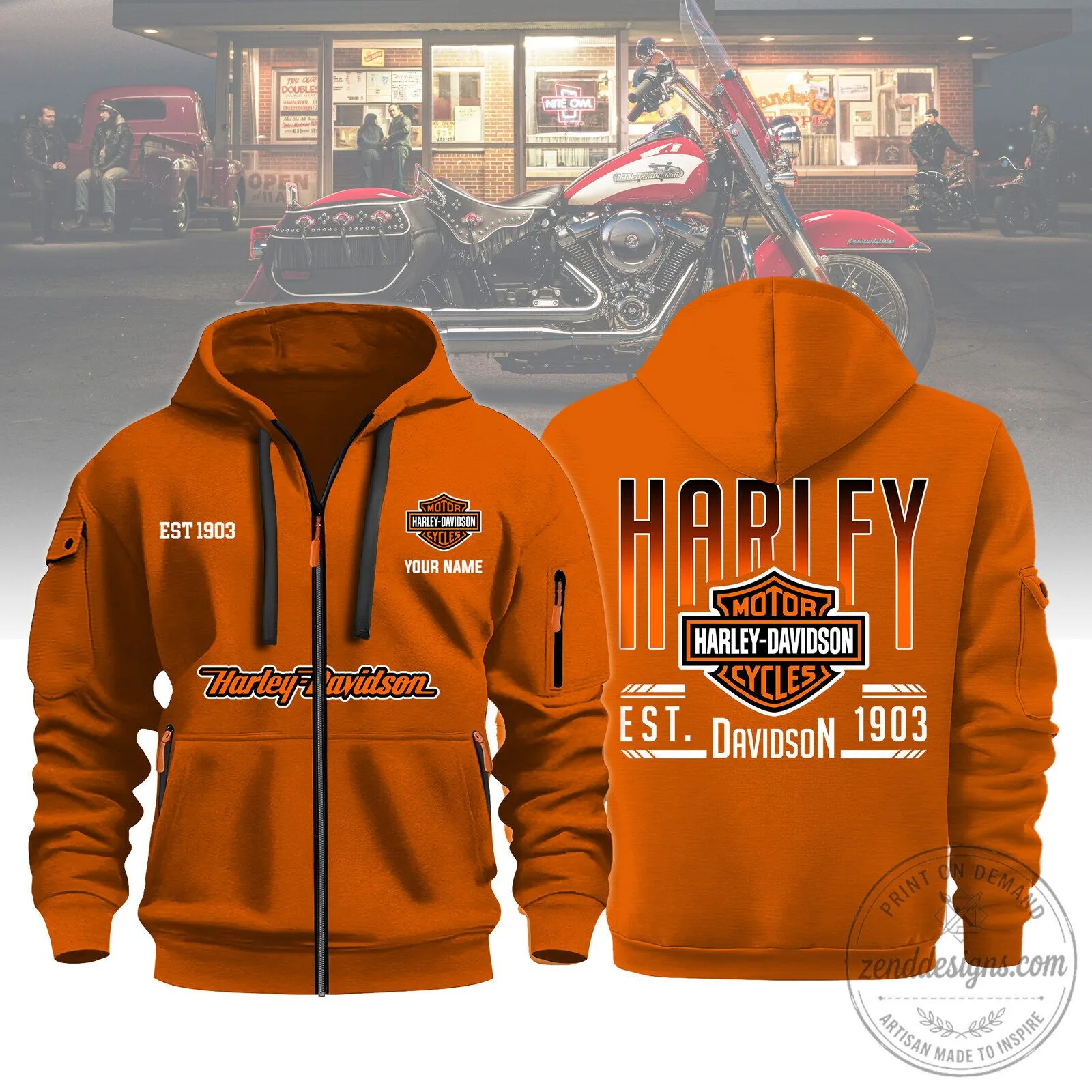 Harley-Davidson Motorcycles Est 1903 Orange Full-Zip Hoodie
