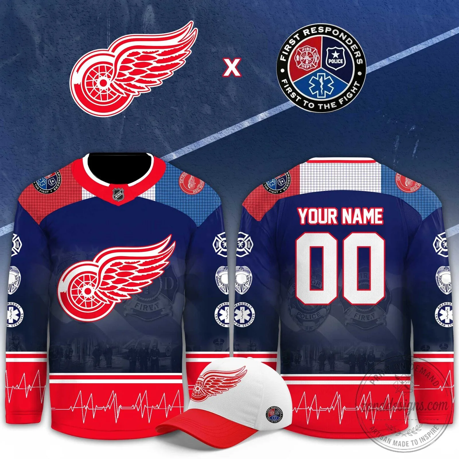 Detroit Red Wings First Responders Custom Name Number Hockey Jersey