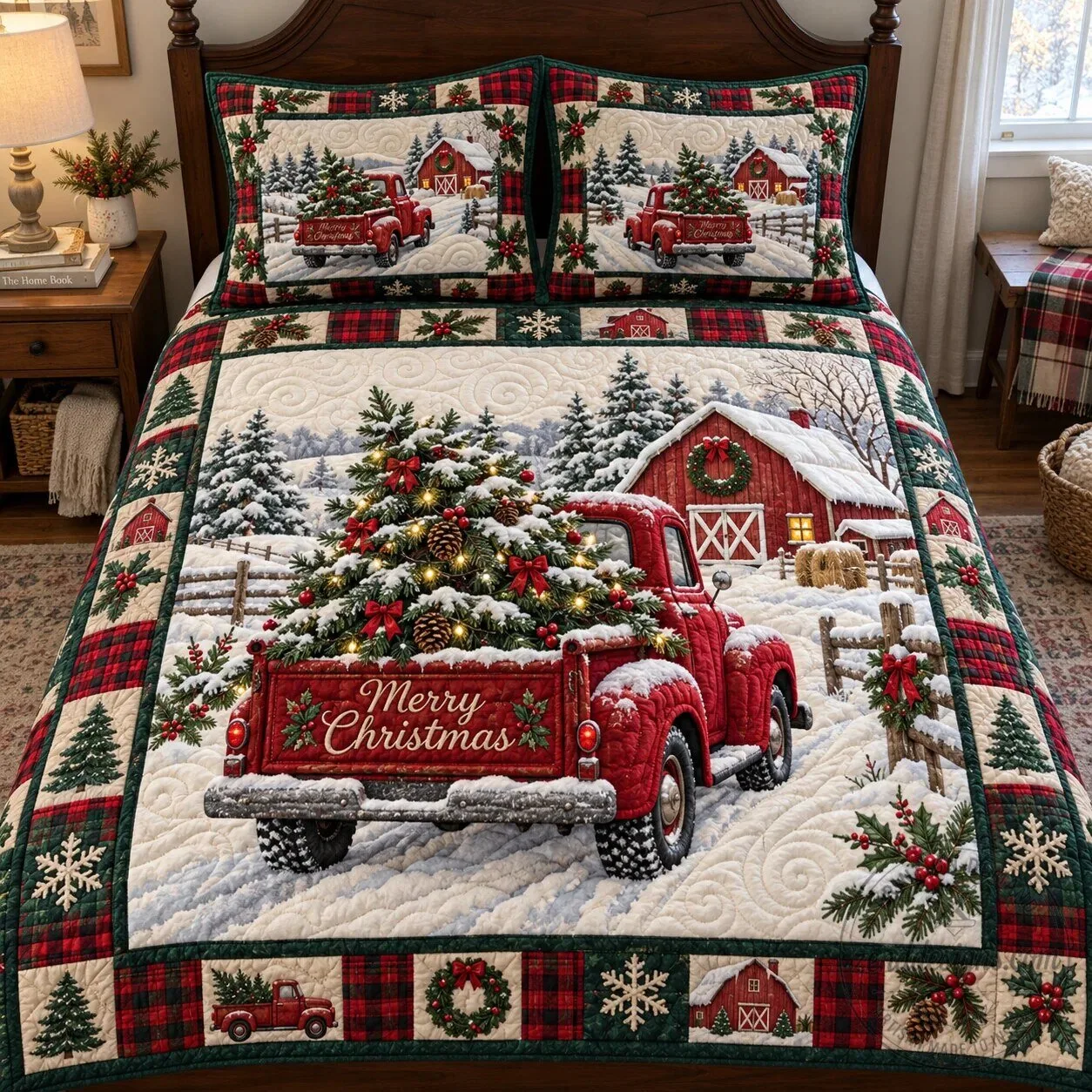Christmas Farmhouse Red Truck Tree Haul Quilted Bedding Set