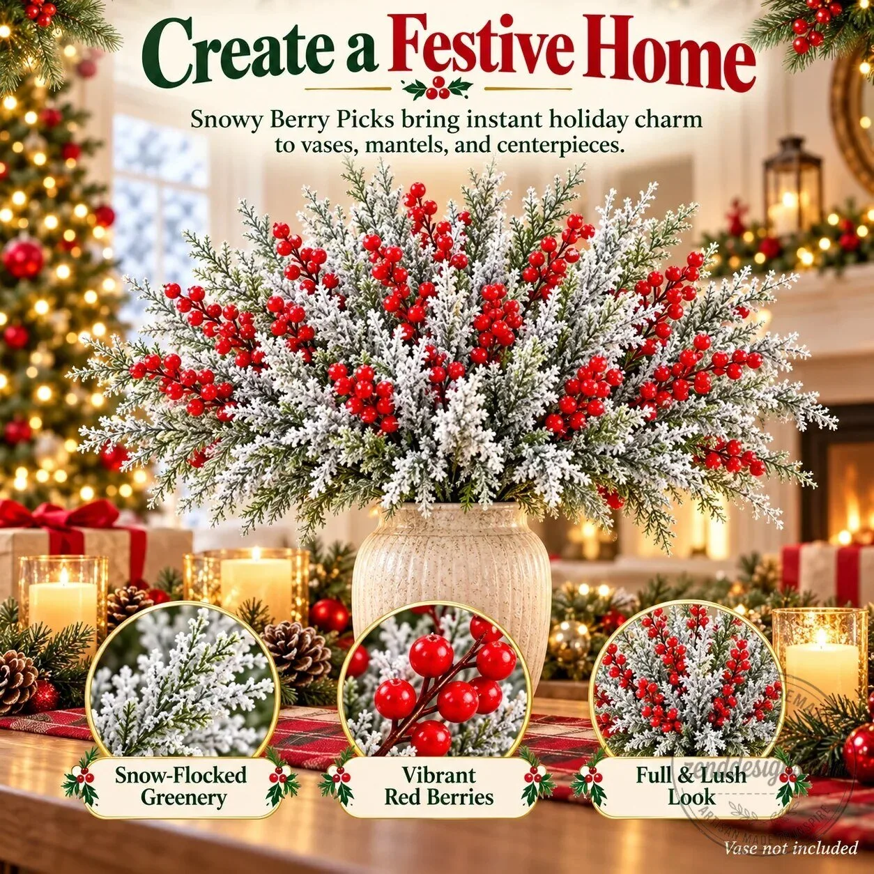 Snow-Frosted Christmas Greenery and Red Berry Stems Holiday Decor