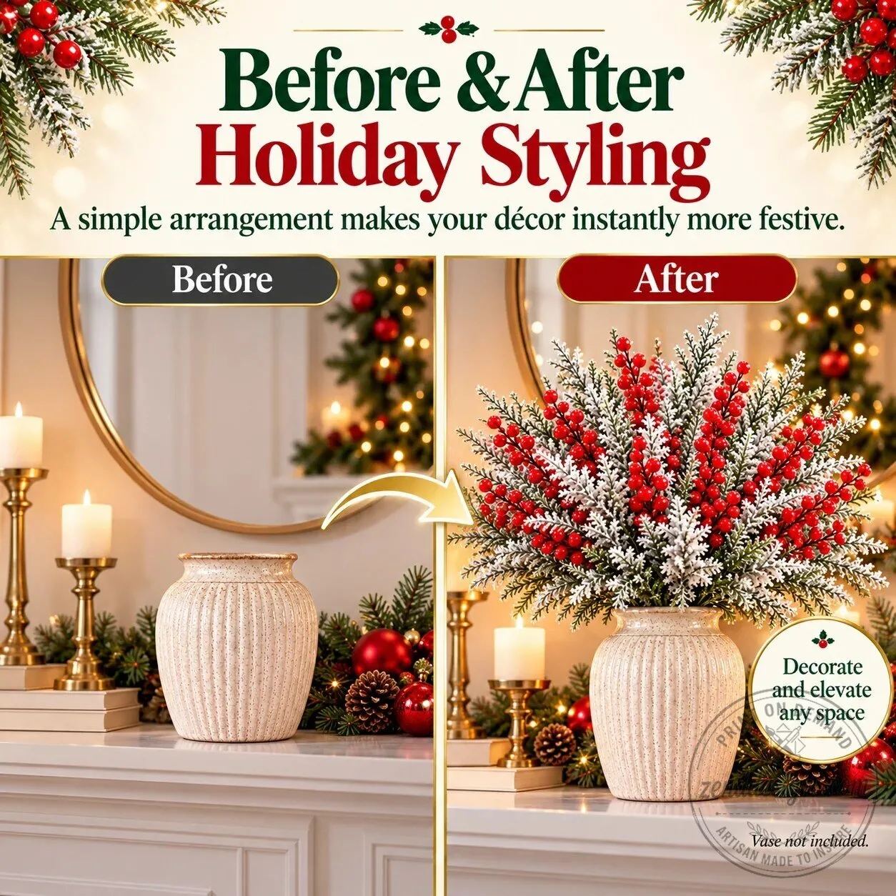 Snow-Frosted Christmas Greenery and Red Berry Stems Holiday Decor 10 Snow-Frosted Christmas Greenery and Red Berry Stems Holiday Decor