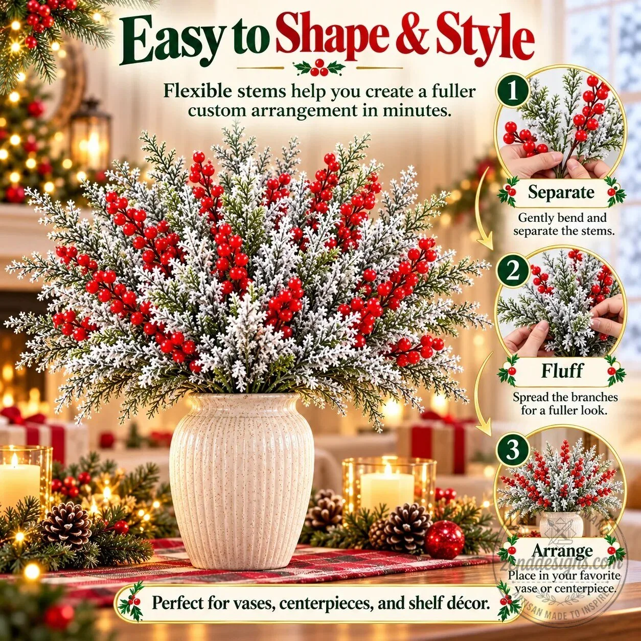 Snow-Frosted Christmas Greenery and Red Berry Stems Holiday Decor 11 Snow-Frosted Christmas Greenery and Red Berry Stems Holiday Decor