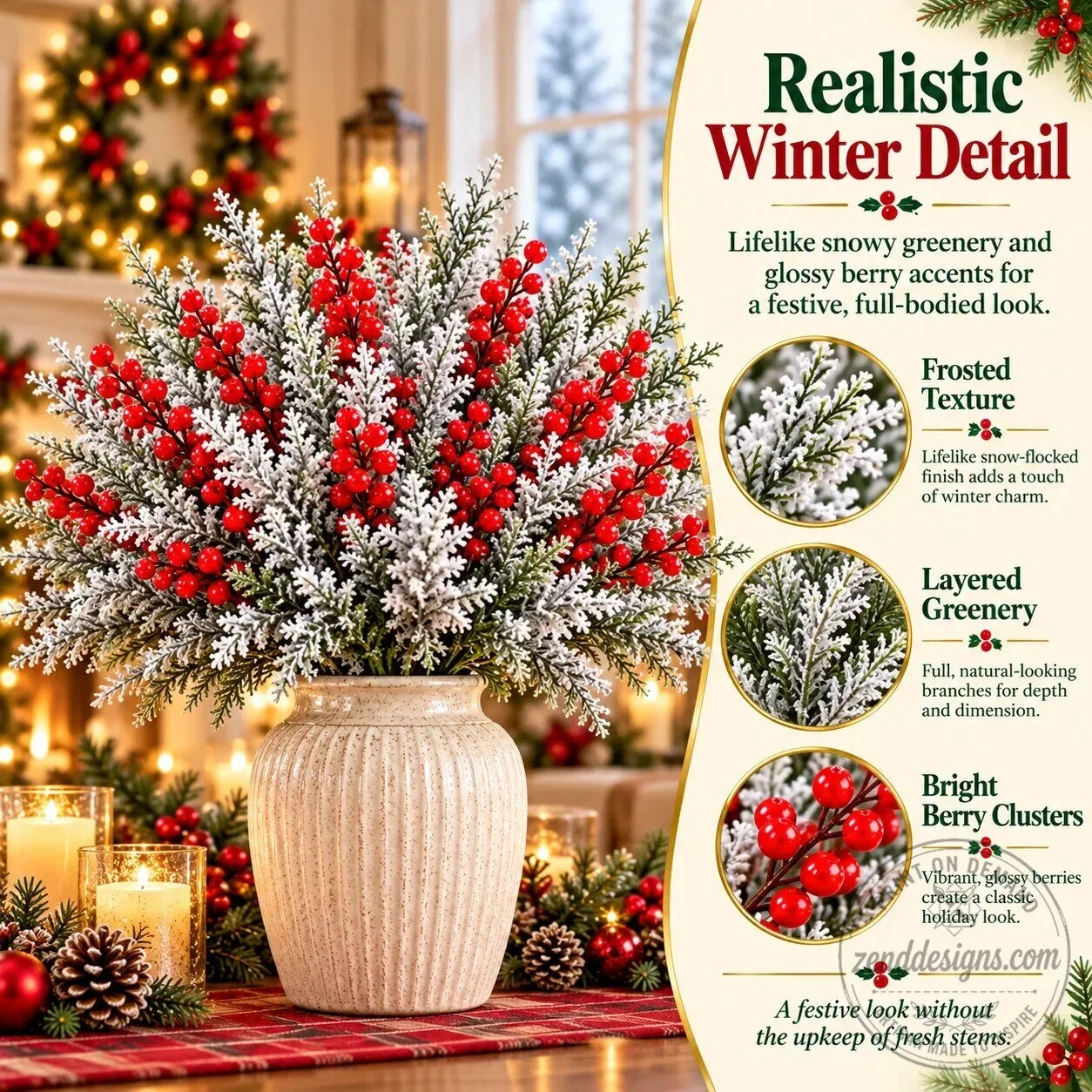 Snow-Frosted Christmas Greenery and Red Berry Stems Holiday Decor 12 Snow-Frosted Christmas Greenery and Red Berry Stems Holiday Decor