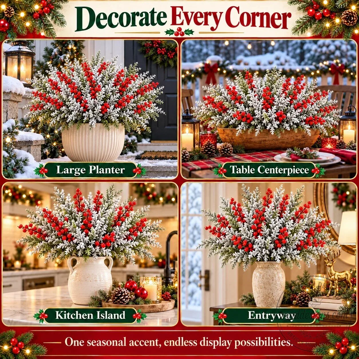 Snow-Frosted Christmas Greenery and Red Berry Stems Holiday Decor 13 Snow-Frosted Christmas Greenery and Red Berry Stems Holiday Decor