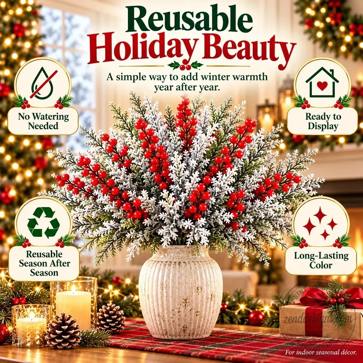 Snow-Frosted Christmas Greenery and Red Berry Stems Holiday Decor 14 Snow-Frosted Christmas Greenery and Red Berry Stems Holiday Decor