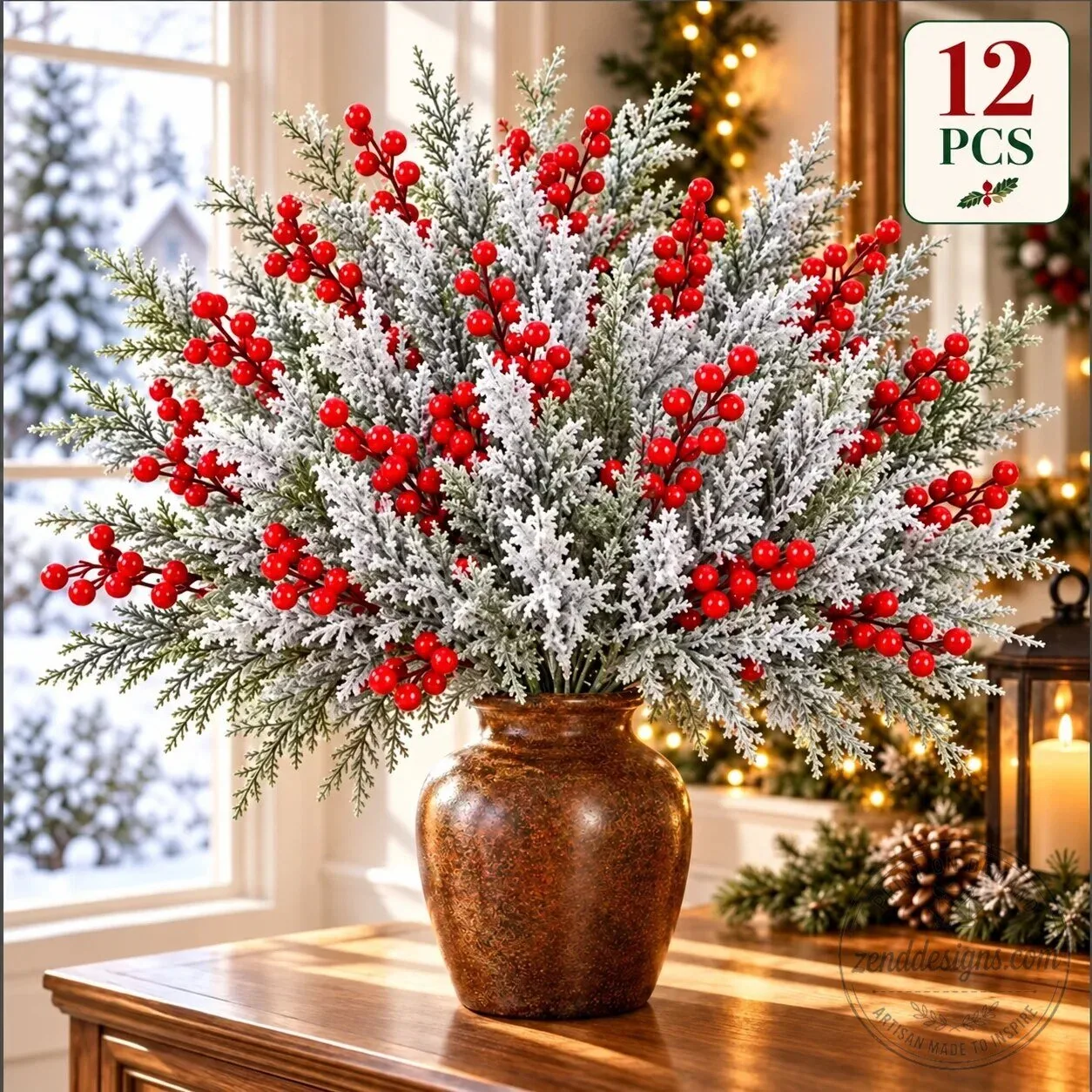 Snow-Frosted Christmas Greenery and Red Berry Stems Holiday Decor 15 Snow-Frosted Christmas Greenery and Red Berry Stems Holiday Decor
