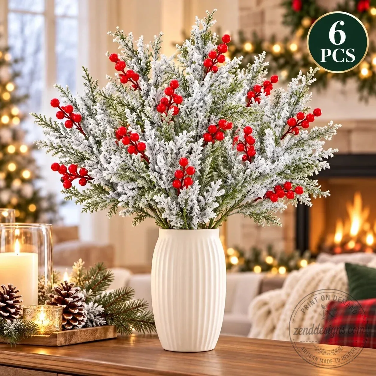 Snow-Frosted Christmas Greenery and Red Berry Stems Holiday Decor 16 Snow-Frosted Christmas Greenery and Red Berry Stems Holiday Decor