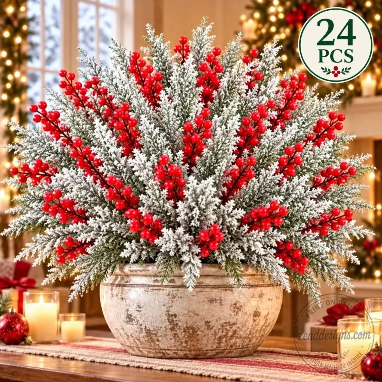 Snow-Frosted Christmas Greenery and Red Berry Stems Holiday Decor 17 Snow-Frosted Christmas Greenery and Red Berry Stems Holiday Decor