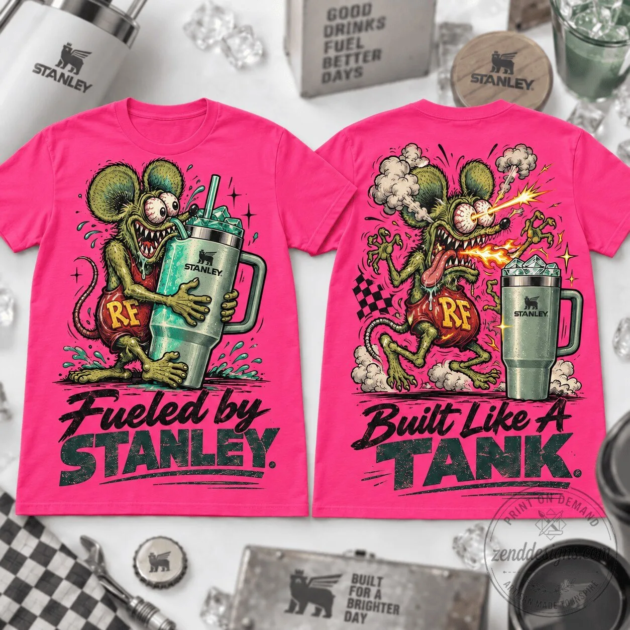 Rat Fink Fueled by Stanley Built Like a Tank Hot Pink T-Shirt