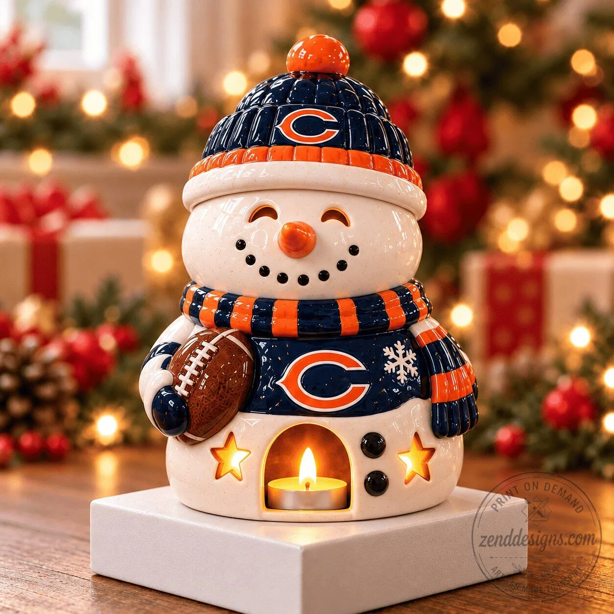 Chicago Bears Snowman Christmas Ceramic Candle Holder with Football Accent