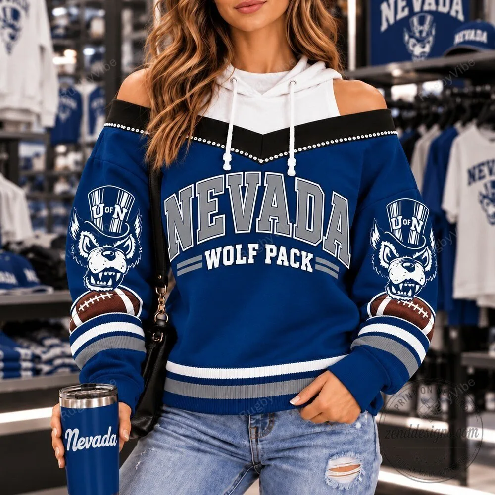 Nevada Wolf Pack Football Team Blue and White Off Shoulder Hoodie