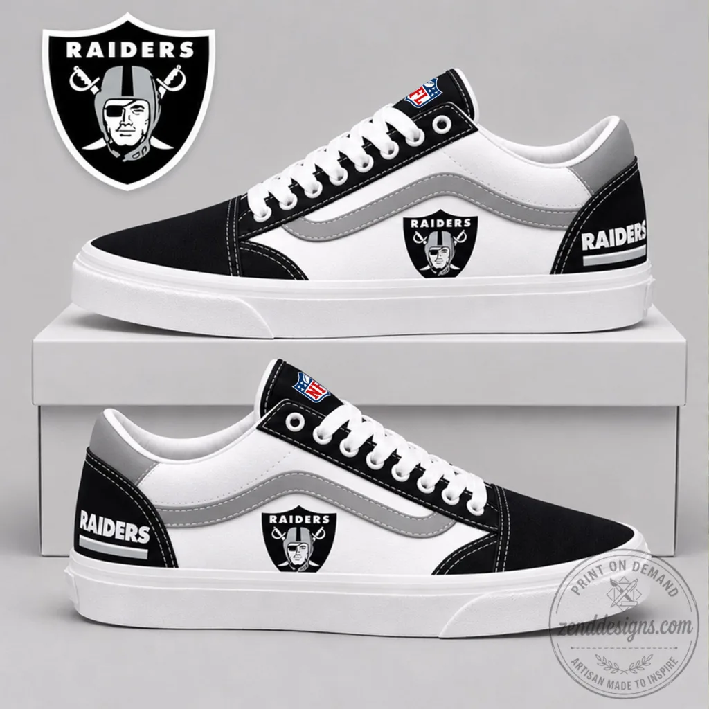 Las Vegas Raiders NFL Team Logo Black and White Old Skool Sneakers Shoes Las Vegas Raiders NFL Team Logo Black and White Old Skool Sneakers Shoes