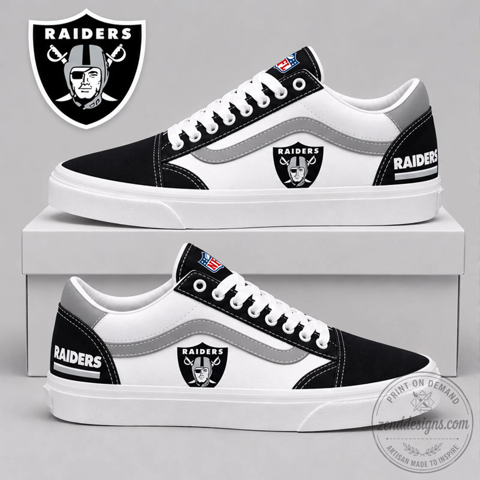 Las Vegas Raiders NFL Team Logo Black and White Old Skool Sneakers Shoes