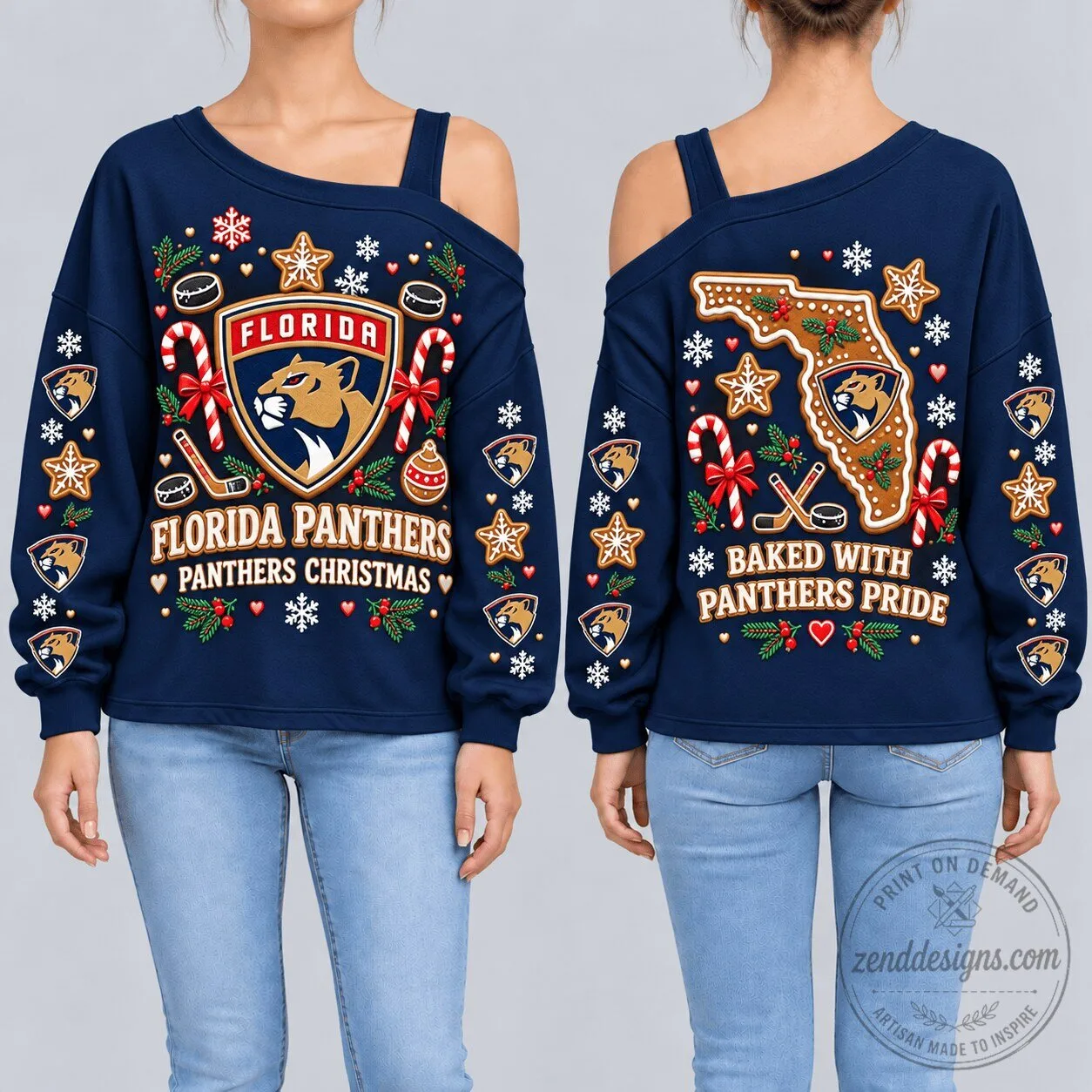 Florida Panthers Christmas Gingerbread Holiday Off Shoulder Long Sleeve Sweatshirt