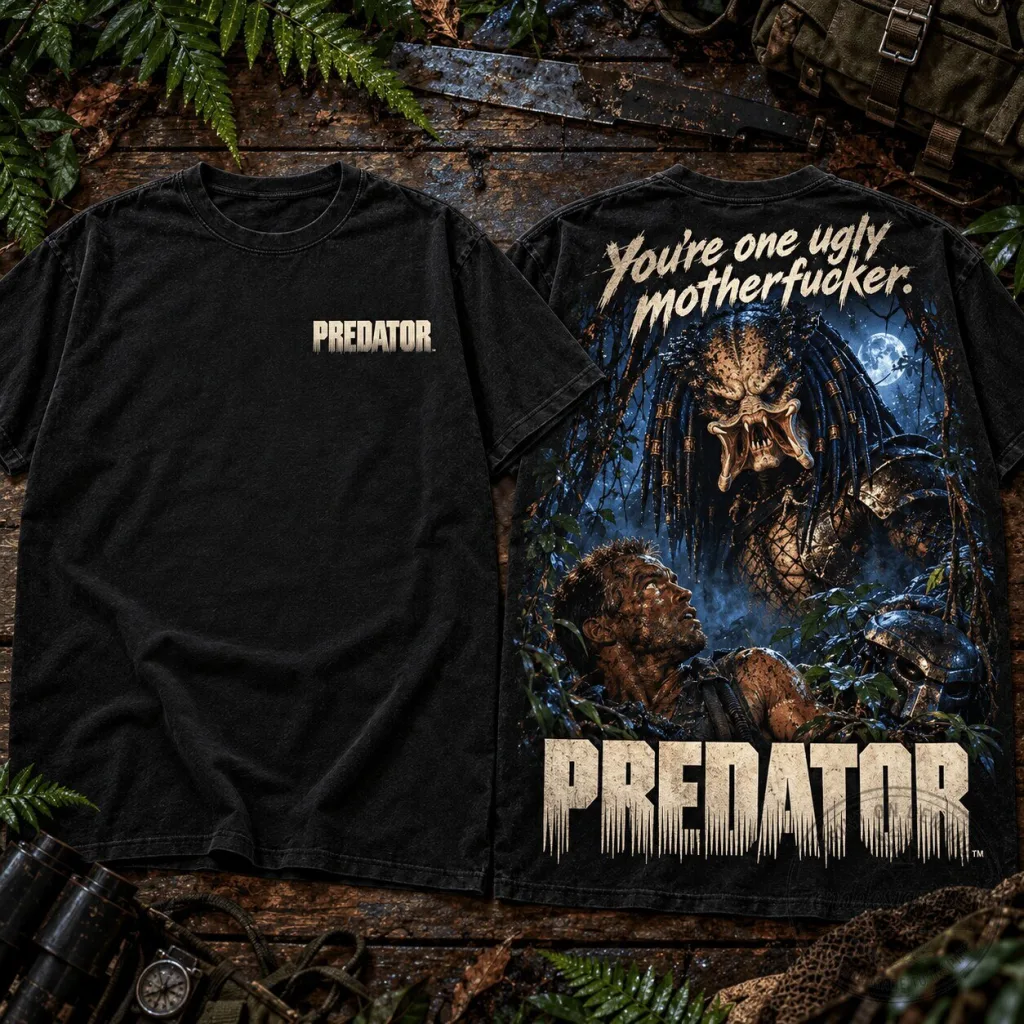 Predator Jungle Showdown Movie Art Black Graphic T-Shirt for Sci-Fi Action Fans Predator Jungle Showdown Movie Art Black Graphic T-Shirt for Sci-Fi Action Fans