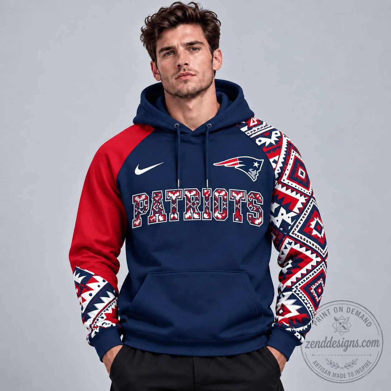 Aztec Colorblock Pullover Hoodie for New England Patriots NFL Fans