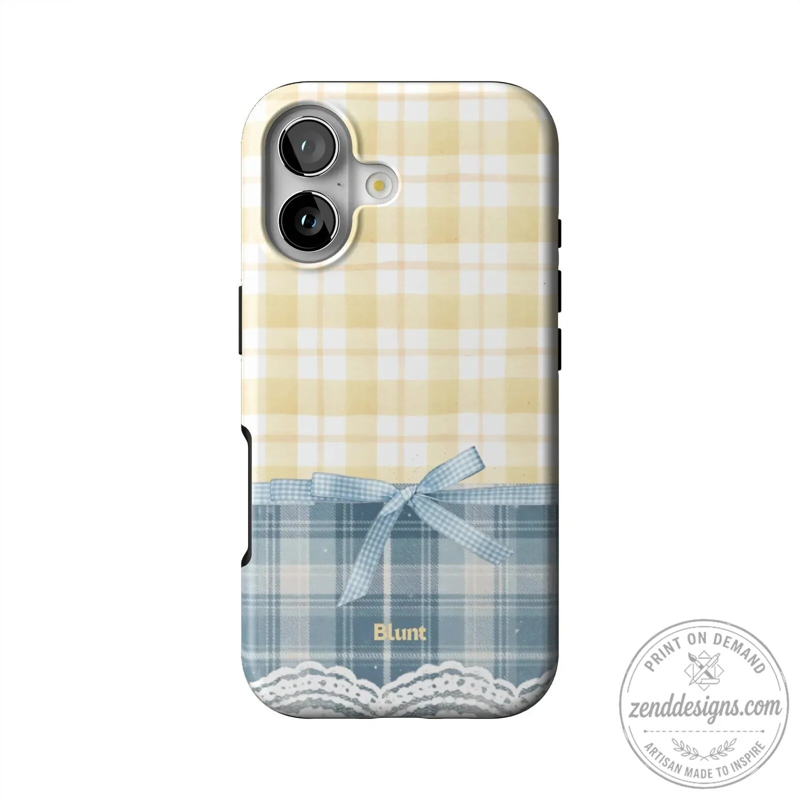 Yellow and Blue Plaid Pattern with Lace and Bow iPhone Case 1 Yellow and Blue Plaid Pattern with Lace and Bow iPhone Case