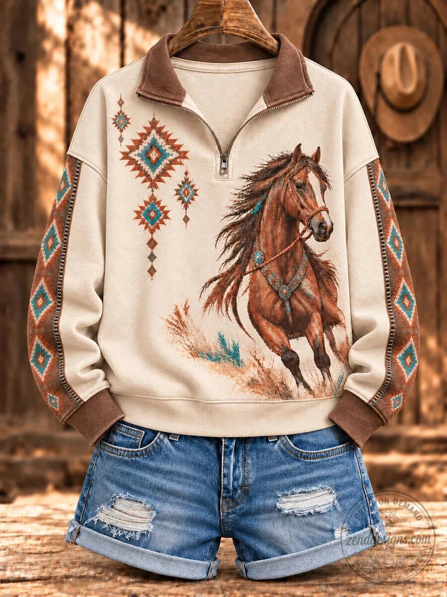 Western Horse Aztec Print Quarter-Zip Collar Sweatshirt for Women 1 Western Horse Aztec Print Quarter-Zip Collar Sweatshirt for Women