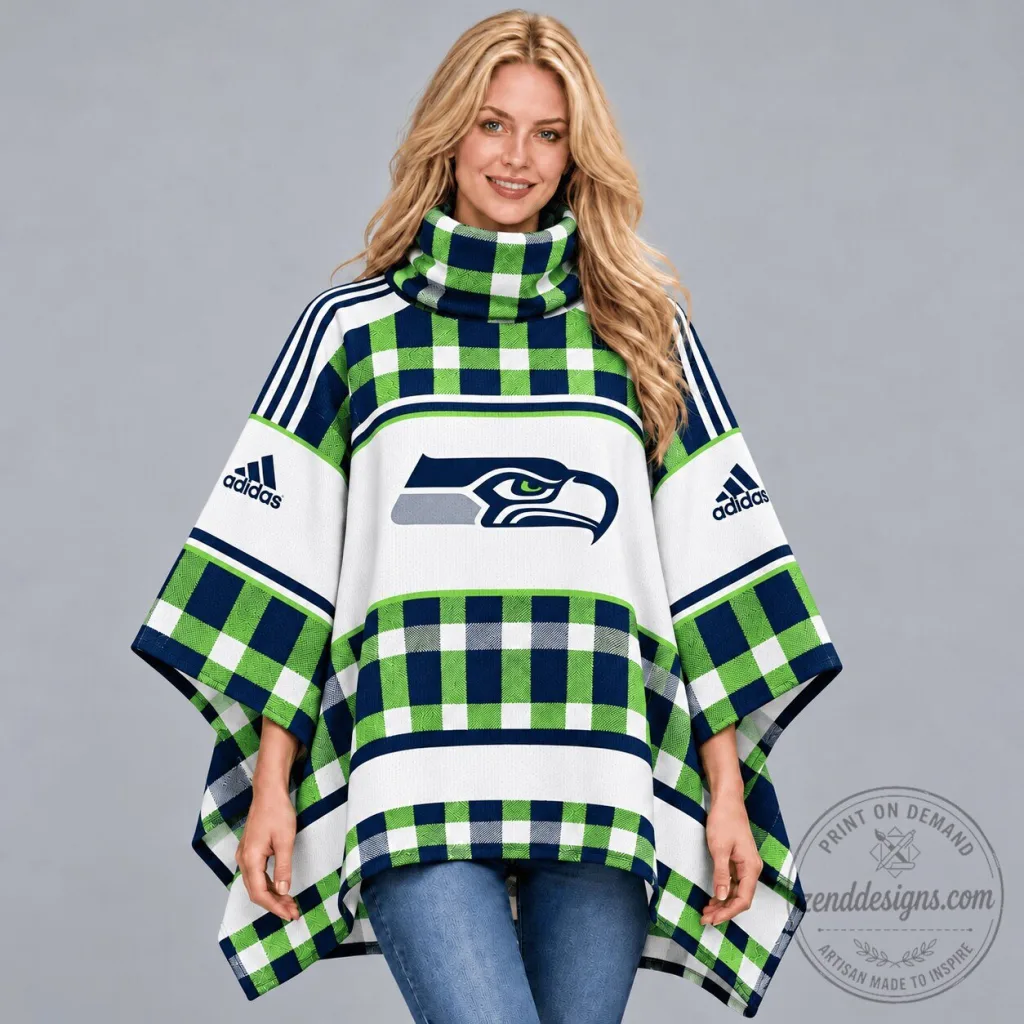 Seattle Seahawks Plaid Pattern High Collar Women's Poncho Seattle Seahawks Plaid Pattern High Collar Women's Poncho