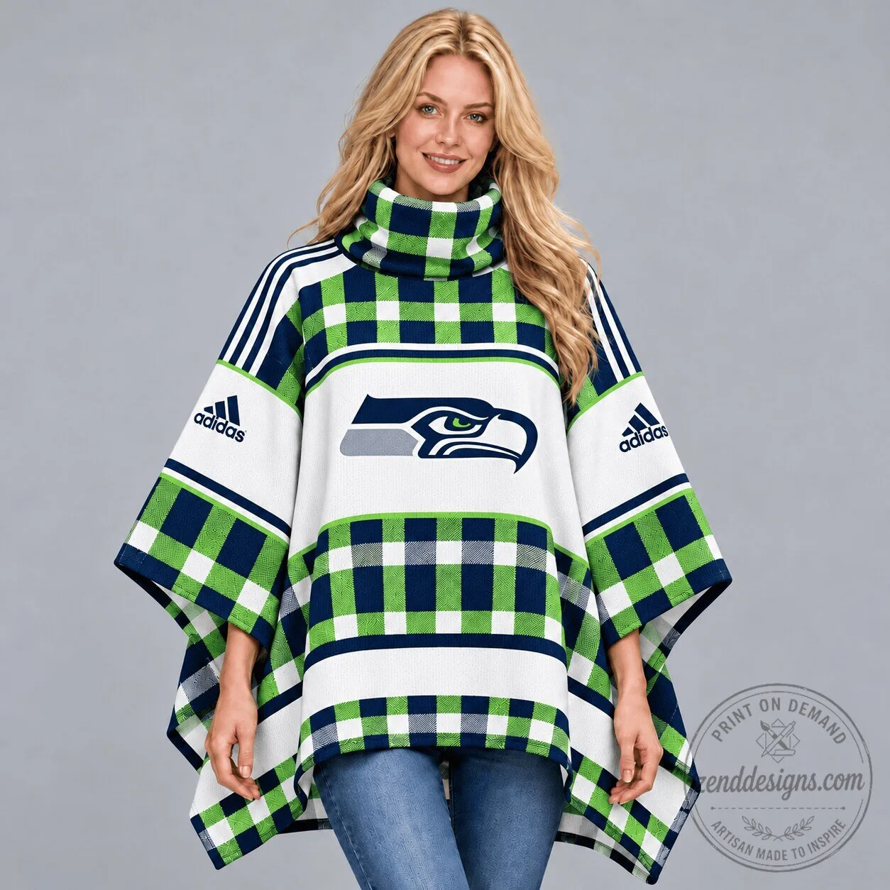 Seattle Seahawks Plaid Pattern High Collar Women's Poncho 1 Seattle Seahawks Plaid Pattern High Collar Women
