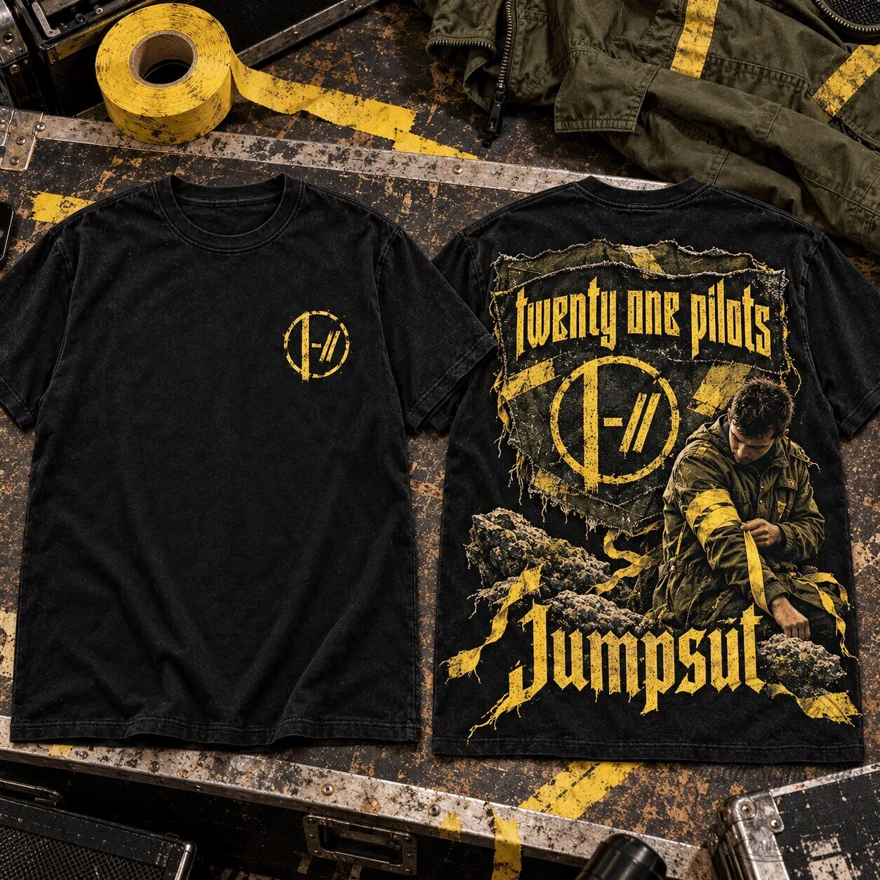 Black and Yellow Trench Era Graphic T-Shirt featuring Twenty One Pilots Jumpsuit Design