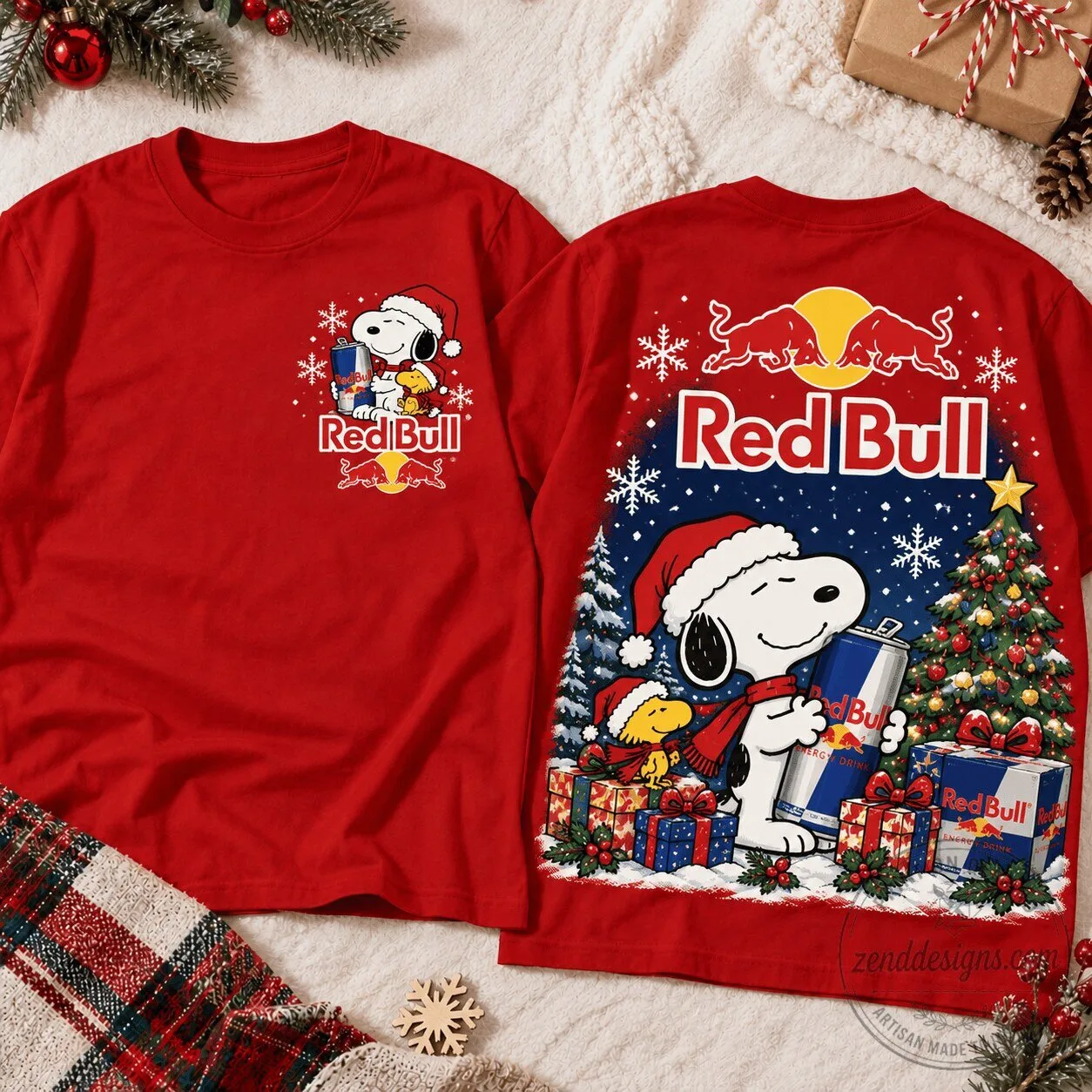 Snoopy And Woodstock Red Bull Christmas Tree Winter Holiday Graphic T-Shirt