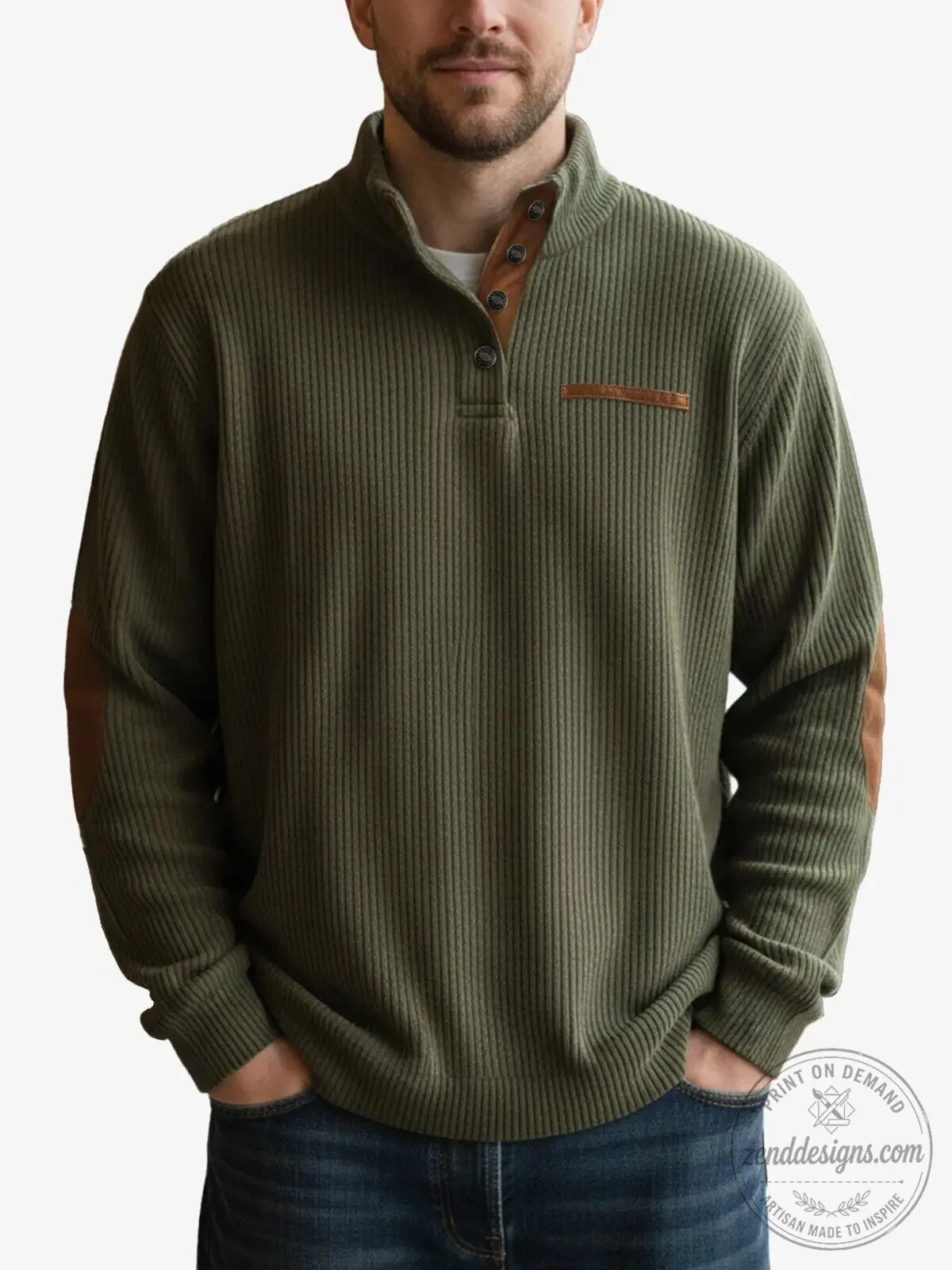Men's Corduroy Texture Button Mock Neck Pullover Sweater with Elbow Patches 14 Men
