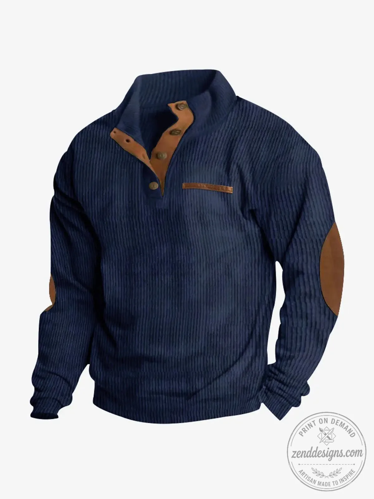 Men's Corduroy Texture Button Mock Neck Pullover Sweater with Elbow Patches 18 Men