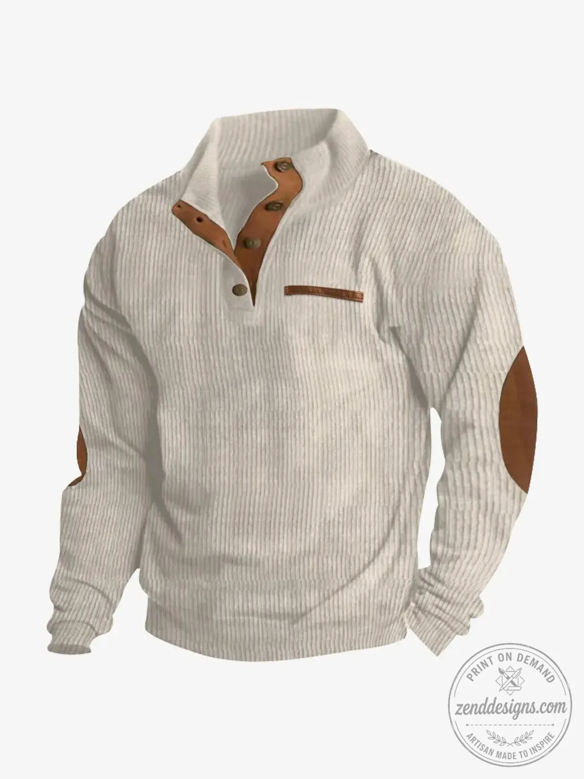Men's Corduroy Texture Button Mock Neck Pullover Sweater with Elbow Patches 19 Men
