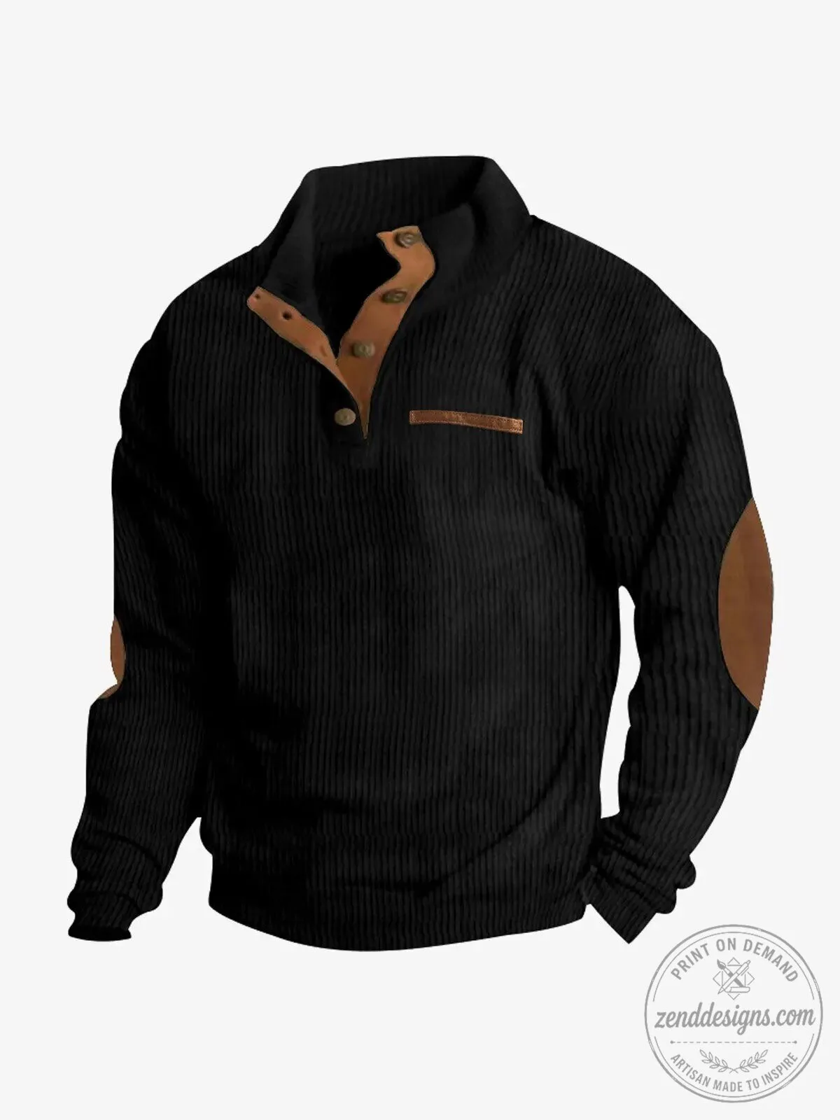 Men's Corduroy Texture Button Mock Neck Pullover Sweater with Elbow Patches 20 Men