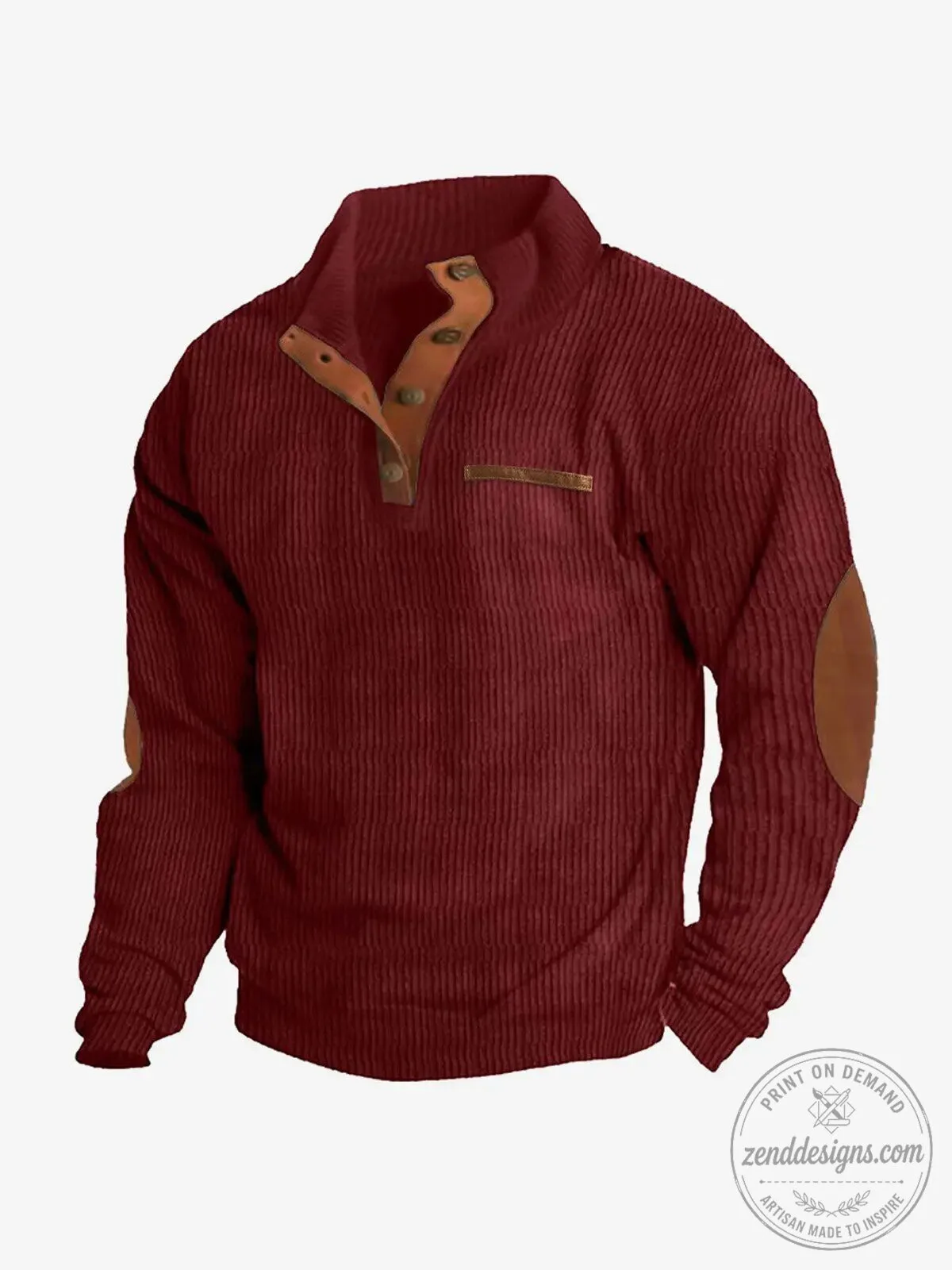Men's Corduroy Texture Button Mock Neck Pullover Sweater with Elbow Patches 21 Men