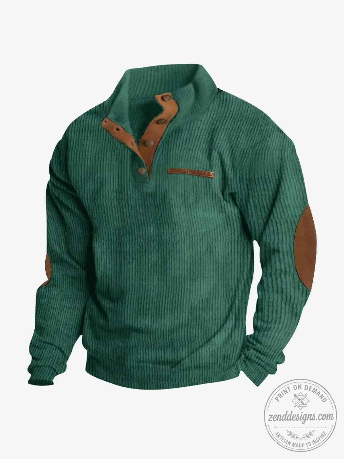 Men's Corduroy Texture Button Mock Neck Pullover Sweater with Elbow Patches 22 Men