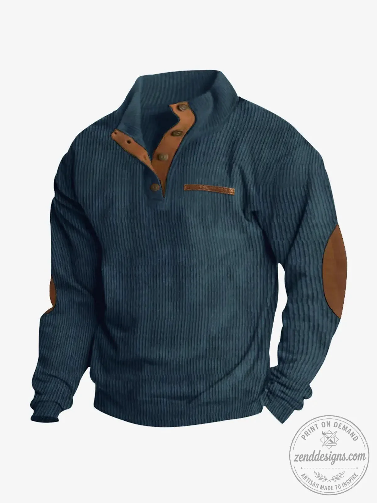 Men's Corduroy Texture Button Mock Neck Pullover Sweater with Elbow Patches 23 Men