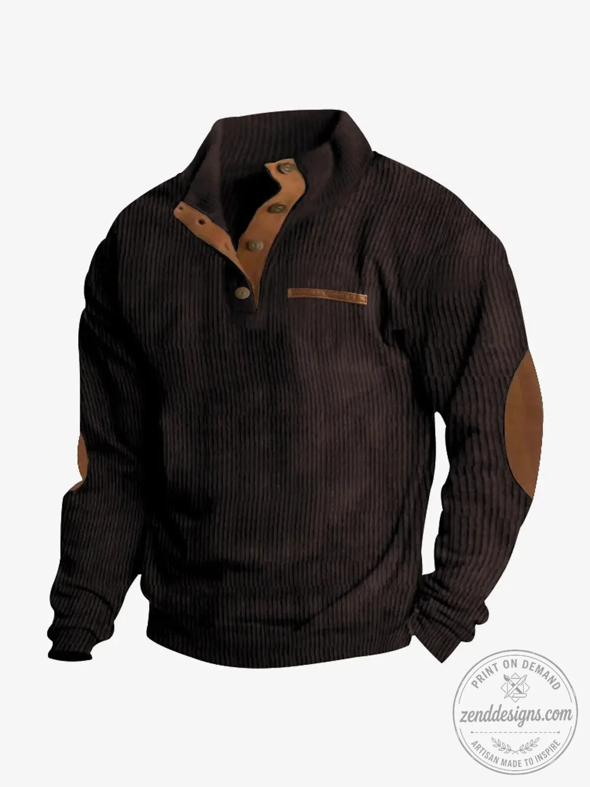 Men's Corduroy Texture Button Mock Neck Pullover Sweater with Elbow Patches 24 Men